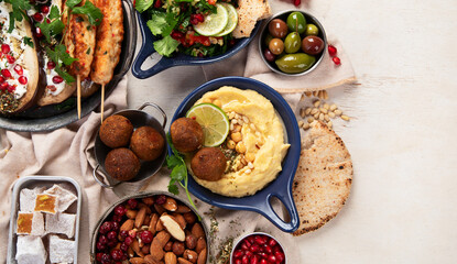 Middle eastern or Arabic dishes on light background. Tasty traditional food
