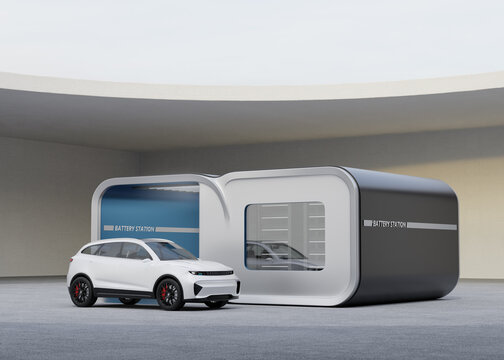 White Electric SUV parking in front of the Battery Swap Station. Battery packs in Right storage space. Generic design. 3D rendering image.