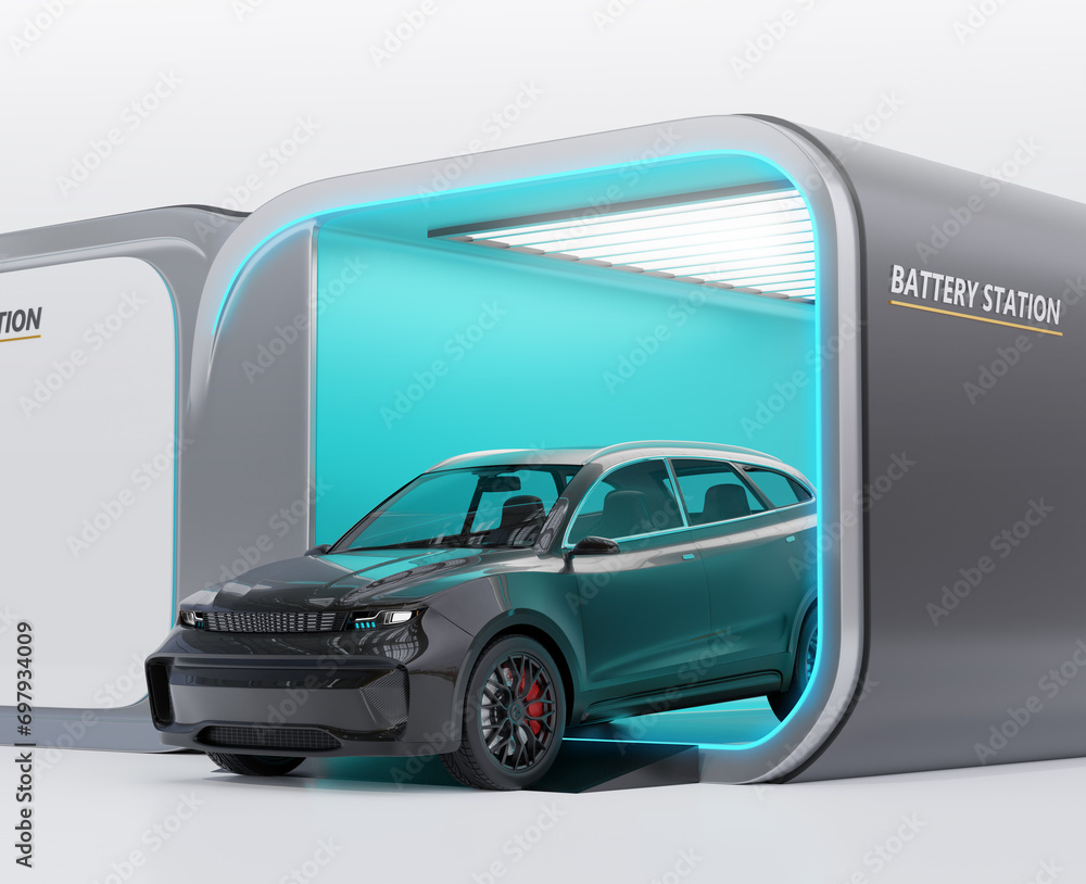 Poster close-up view of electric suv in the battery swap station. generic design. 3d rendering image.