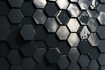 Glossy mosaic tiles form a hexagonal wall with a polished, stacked black brick background. 3D rendering. Generative AI