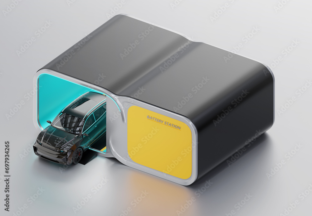 Poster isometric view of electric suv in the battery swap station. generic design. 3d rendering image.