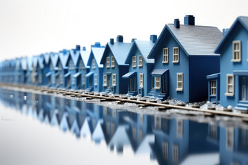 Row of Cartoon Miniature House Models extreme closeup. Generative AI - obrazy, fototapety, plakaty