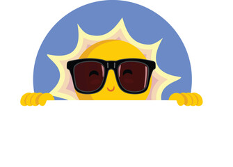 Sun Vector Character with Sunglasses Holding an Empty Sign. Vibrant cute mascot sun with blank Message Board
