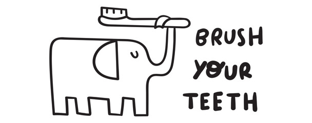 Brush your teeth. Elephant with toothbrush. Dental hygiene for kids. Flat outline vector illustration on white background.