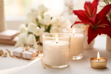 Fototapeta na wymiar Handcrafted artisan candles in glass jar with lily bouquet background. Serene atmosphere, relaxation
