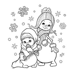 Coloring page. Cute cartoon snowmen girls in knitted hats and mittens surrounded by snowflakes.