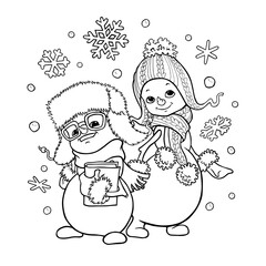 Cute cartoon snowmen boy and girl in warm winter clothes surrounded by snowflakes. Coloring page.