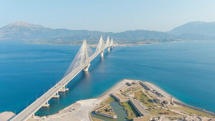 Patras, Greece. Rio Fortress. The Rio-Antirrio Bridge. Officially the Charilaos Trikoupis Bridge....