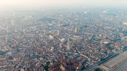 Foto op Canvas Antwerp, Belgium. Panorama overlooking the Cathedral of Our Lady (Antwerp). Historical center of Antwerp. City is located on the river Scheldt (Escaut). Summer morning, Aerial View © nikitamaykov