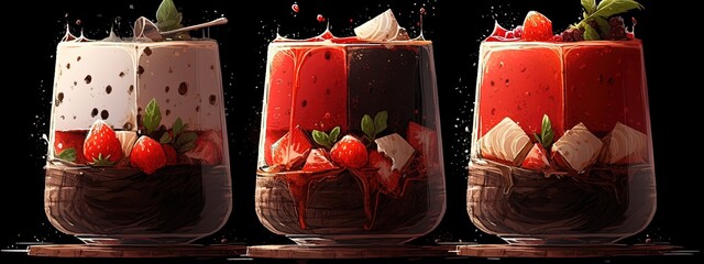 three glasses with food with wine and cheese in black background, in the style of arnoldo pomodoro,...