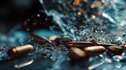 High-speed bullets and shattered glass pieces frozen in time, dynamic closeup