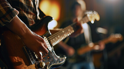 Close-up of a guitarist hands strumming on stage with band  - obrazy, fototapety, plakaty