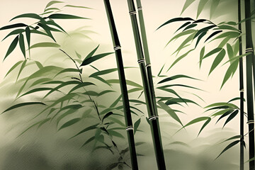 in the rhythmic strokes of sumi-e, bamboo is portrayed, embodying the harmonious balance found in the simplicity of the east, where each stroke echoes the elegance of nature. Generative AI.