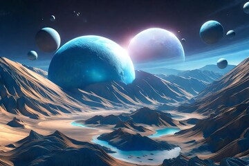 CGI, abstract planets descending to earth, a cosmic collision of celestial bodies blending with earthly landscapes, surreal fusion of extraterrestrial landscapes and familiar terrains - Powered by Adobe
