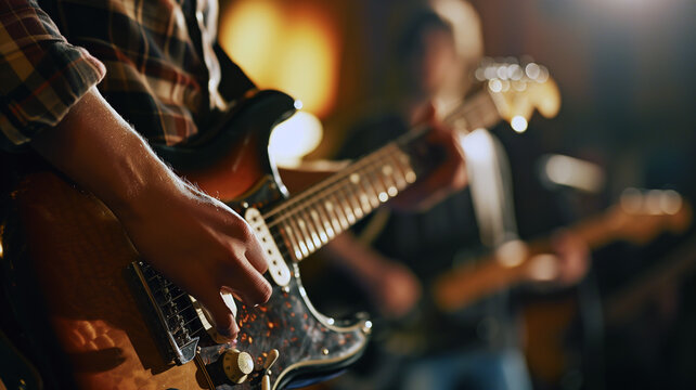 Close-up of a guitarist hands strumming on stage with band 