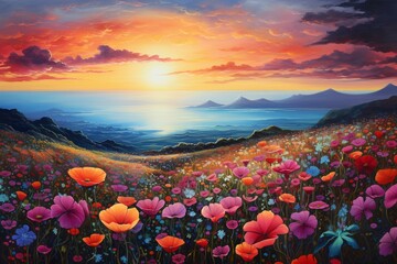 Landscape with flowers and colorful sky. Generative AI