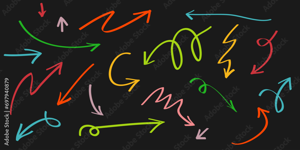 Poster various doodle arrows colorful with direction pointers shapes and objects. hand drawn vector illustr