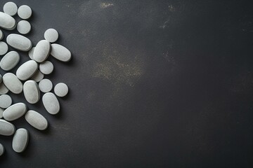 Magnesium tablets on a dark stone background with a top view and copy space. Generative AI - obrazy, fototapety, plakaty