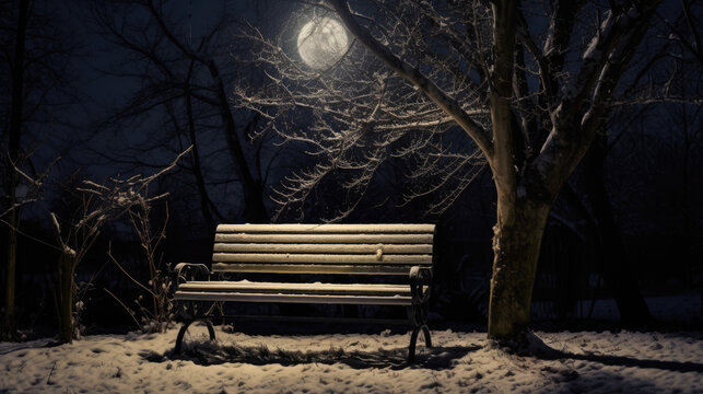 Moonbeam Winter Bench with Hessian Rug at Night