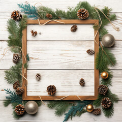 Wooden frame with fir branches and cones. New Year's background for postcards, banners.