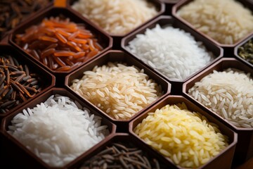 A variety of rice types in wooden bowls, ranging from white and brown rice to black and red varieties.