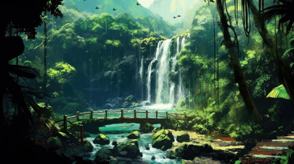 Jungle Waterfall Magic Emerald Green Fallwave at Afternoon