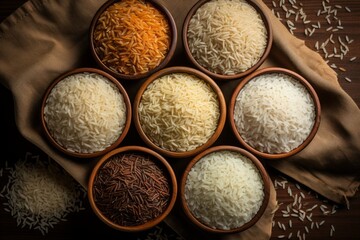 A variety of rice types in wooden bowls, ranging from white and brown rice to black and red varieties, top view.