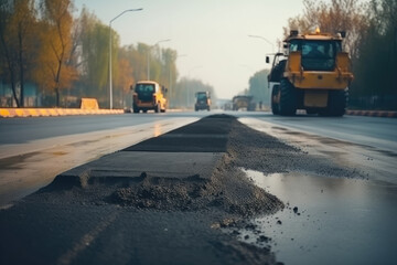 Fototapeta premium A road roller works on the road, ai generated