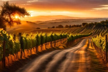 Tuscan road near Siena at sunset, a rustic path through vineyards with grapevines bathed in the golden light, the sun setting behind distant hills - obrazy, fototapety, plakaty