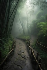A path in the bamboo forest, on a rainy day