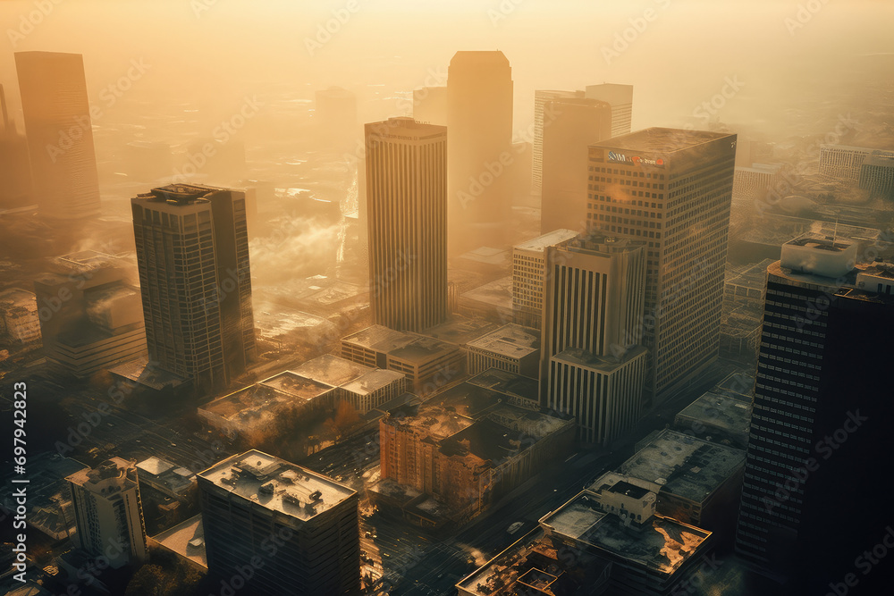 Sticker aerial photograph of city buildings at sunset