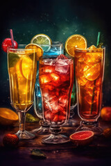 Brightly colored juice drinks are placed on the table