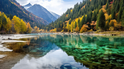 The beautiful river reflects the distant mountains - obrazy, fototapety, plakaty