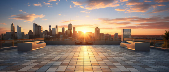 Empty floor foreground and distant city sunset