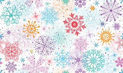Vector seamless hand drawn winter pattern with vintage colorful snowflakes and stars iand confetti on a transparent background