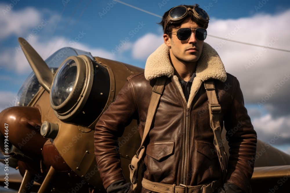 Canvas Prints Handsome young man pilot in aviator hat and goggles is standing near his old airplane.