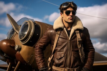 Handsome young man pilot in aviator hat and goggles is standing near his old airplane.