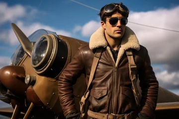 Wallpaper murals Old airplane Handsome young man pilot in aviator hat and goggles is standing near his old airplane.