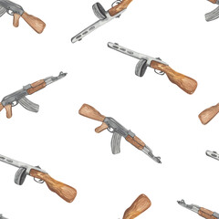 Watercolor seamless pattern with military weapons, machine gun, machine gun, boys texture on a white background