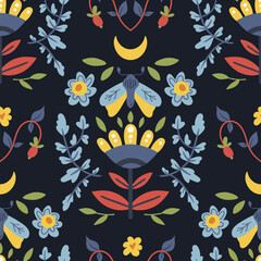 Folk hygge seamless pattern - moth, leaves, flowers, branches in scandinavian nordic style, ethnic floral repeating motives on dark background for wrapping, textile, digital or scrapbook paper