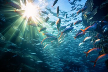 Fototapeta na wymiar The beauty of underwater communities, schools of fish swimming in unison in the ocean currents.