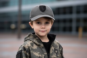 Portrait of a little boy in a military uniform in the city