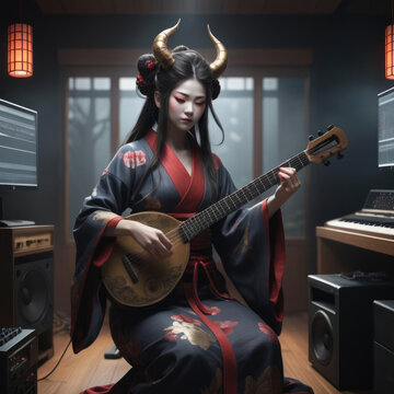 Benzaiten - Japanese goddess of music in a modern digital recording studio Gen AI