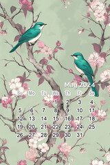 2024 Calendar vintage pastel flower illustration background.
