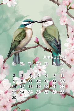 2024 Calendar vintage pastel flower illustration background.