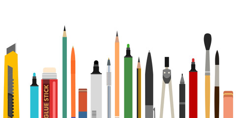 Pencils and stationery. Horizontal seamless composition. Isolated on white background. Funny cartoon style. Picture vector