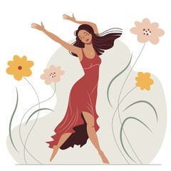 Beautiful dancing girl an a dress. Cute cartoon young graceful woman with a flowers.
