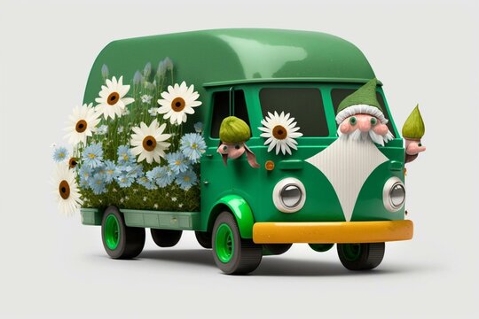Image of gnomes and a green truck with daisies on a transparent background. Generative AI