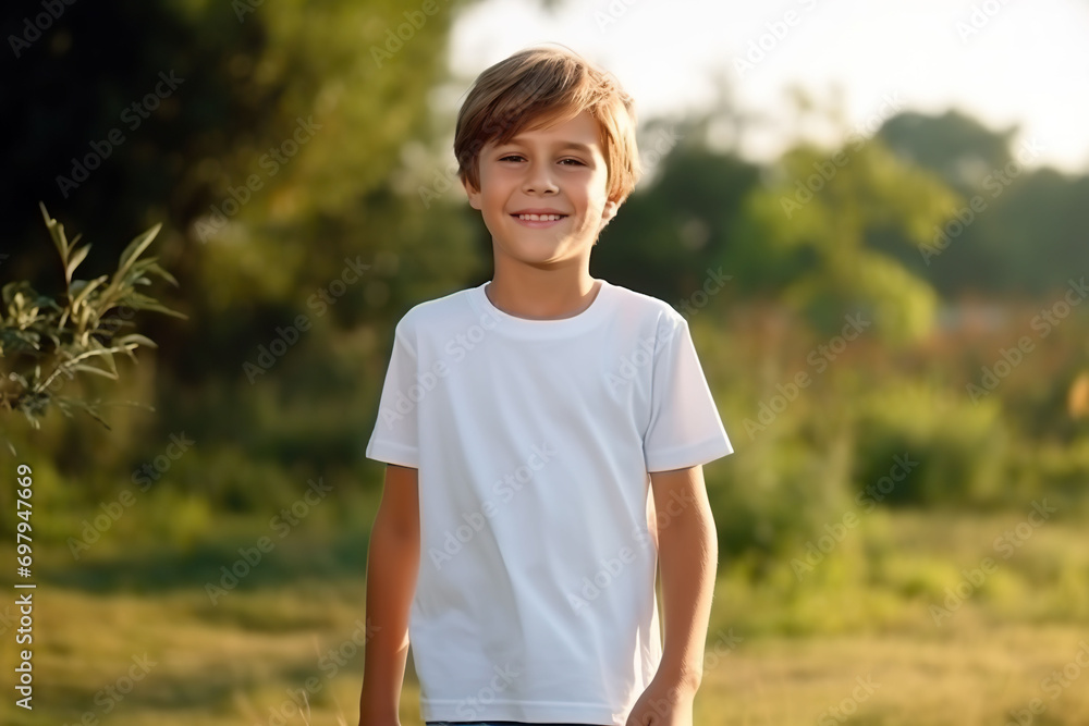 Poster Cute boy in white t-shirt in the park on a summer day. Kids t-shirt mockup.