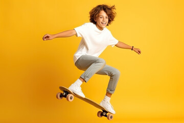 Fototapeta na wymiar Happy boy skateboarding on yellow background.